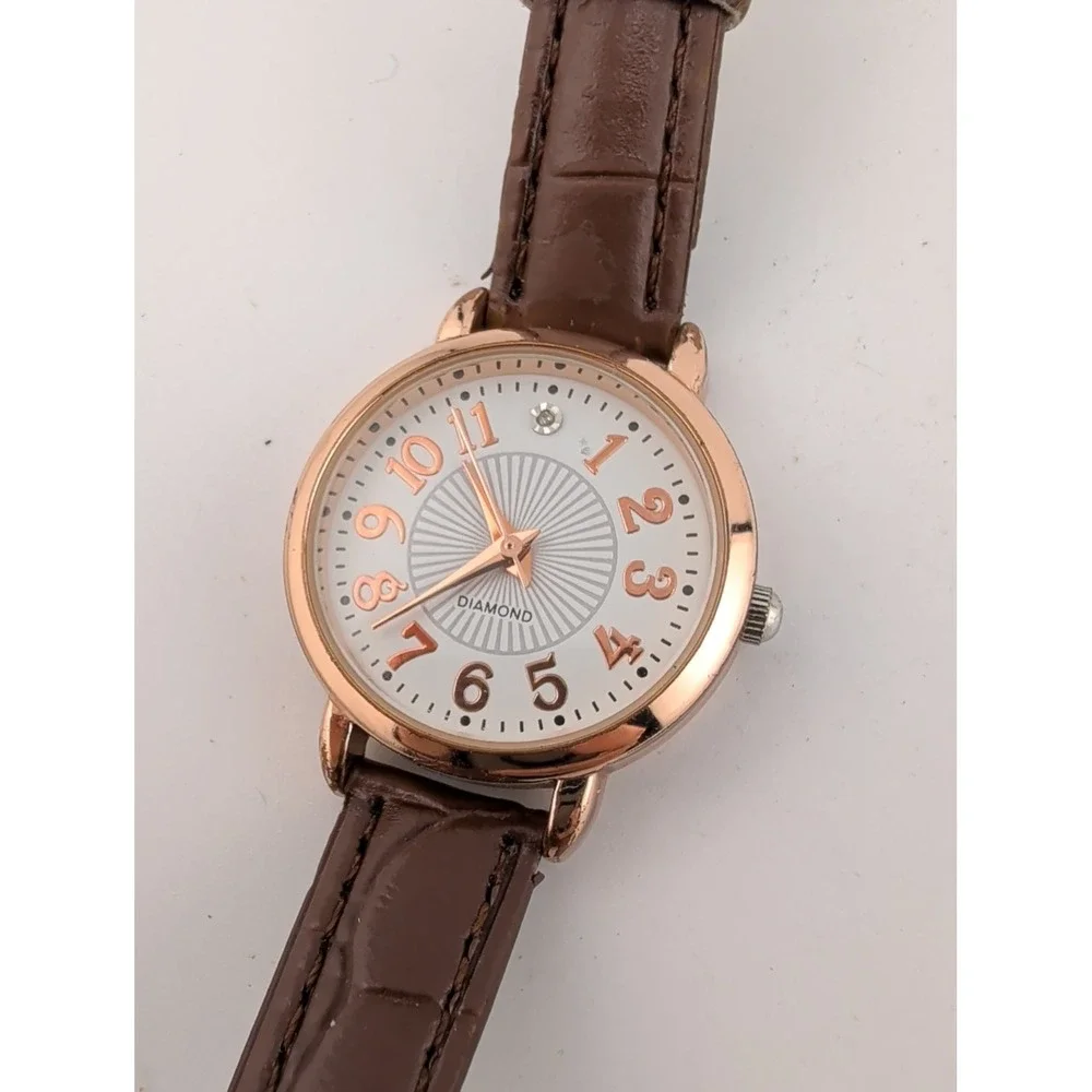 Women's Quartz Watch Rose Gold 28mm Case Brown Faux Leather Band- New Battery
